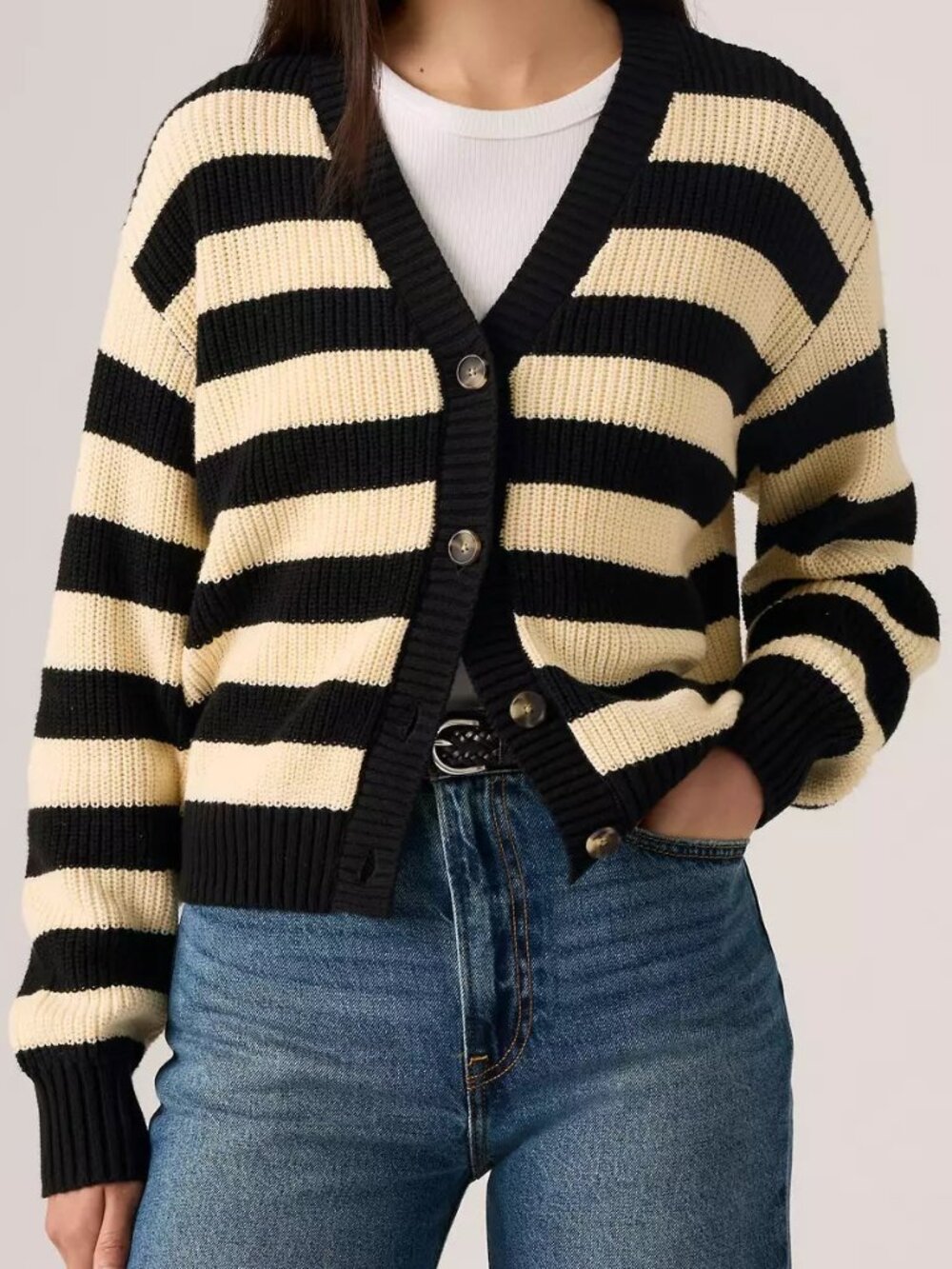 Levi's Black and Cream Striped Button-Up Cardigan Sweater